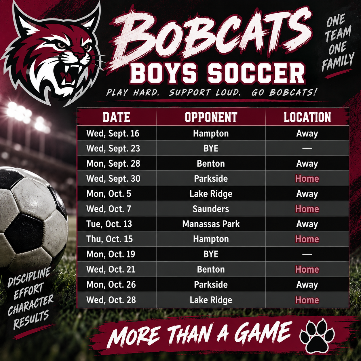 Bobcats boys soccer schedule poster featuring a bobcat mascot, a soccer ball, and a table of game dates, opponents, and home/away locations.