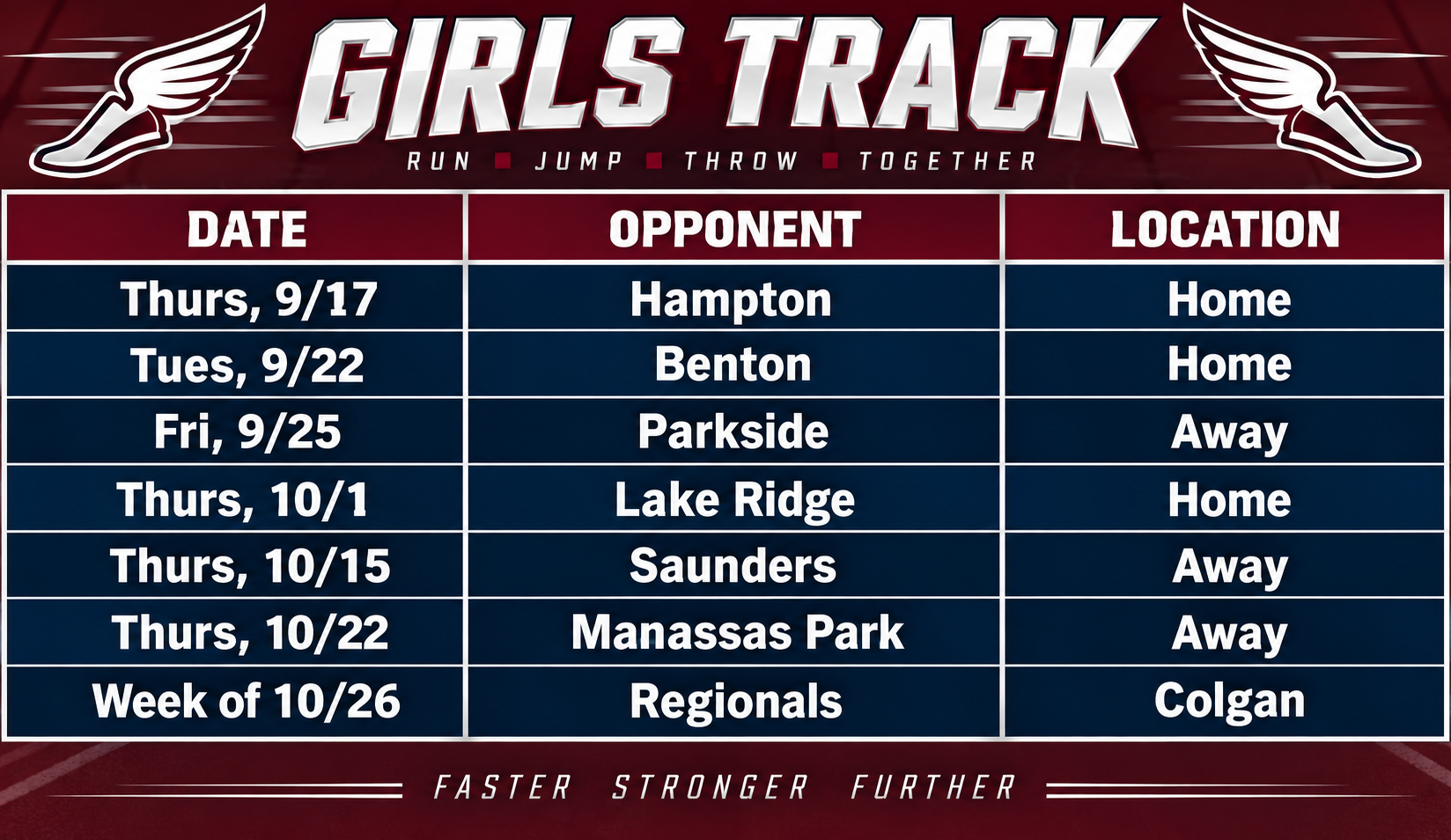 Girls track schedule graphic listing meet dates, opponents (Hampton, Benton, Parkside, Lake Ridge, Saunders, Manassas Park, Regionals), and locations (Home, Away, Colgan).