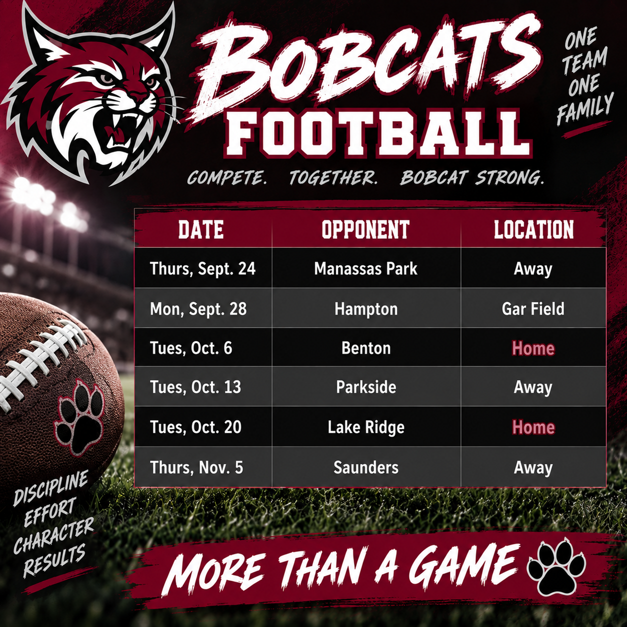 Bobcats Football schedule poster with a bobcat logo and a table of game dates, opponents, and home/away locations.